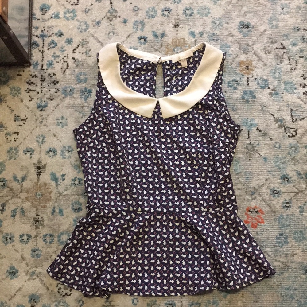 🐰 Bunny Rabbit Navy Blue Peplum Peter Pan Collar Top
